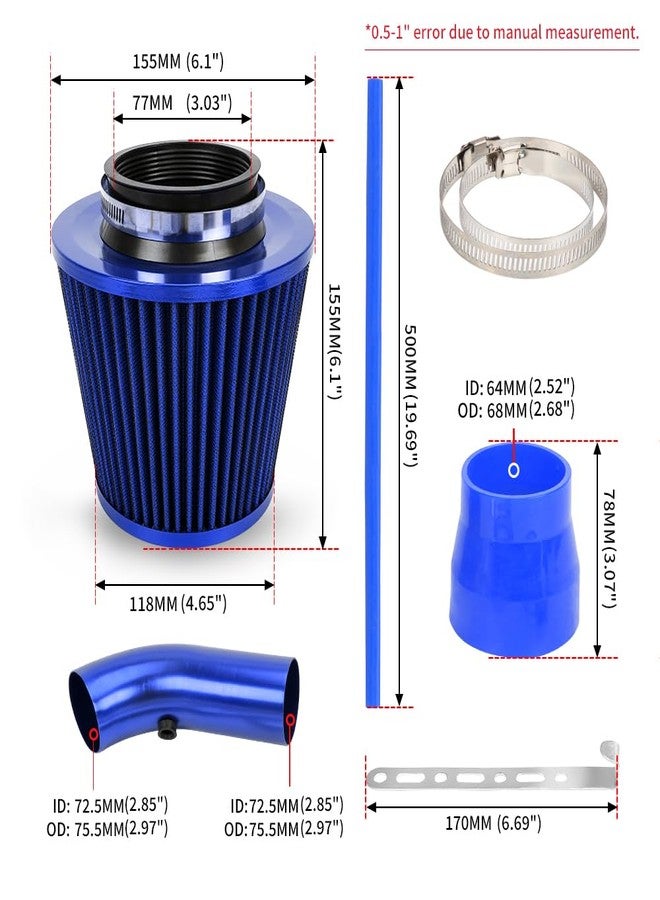 BARTOO أنبوب سحب هواء بارد من الألومنيوم من بارتو، 3 بوصات، طقم فلتر سحب هواء بارد (أزرق) - Image 3