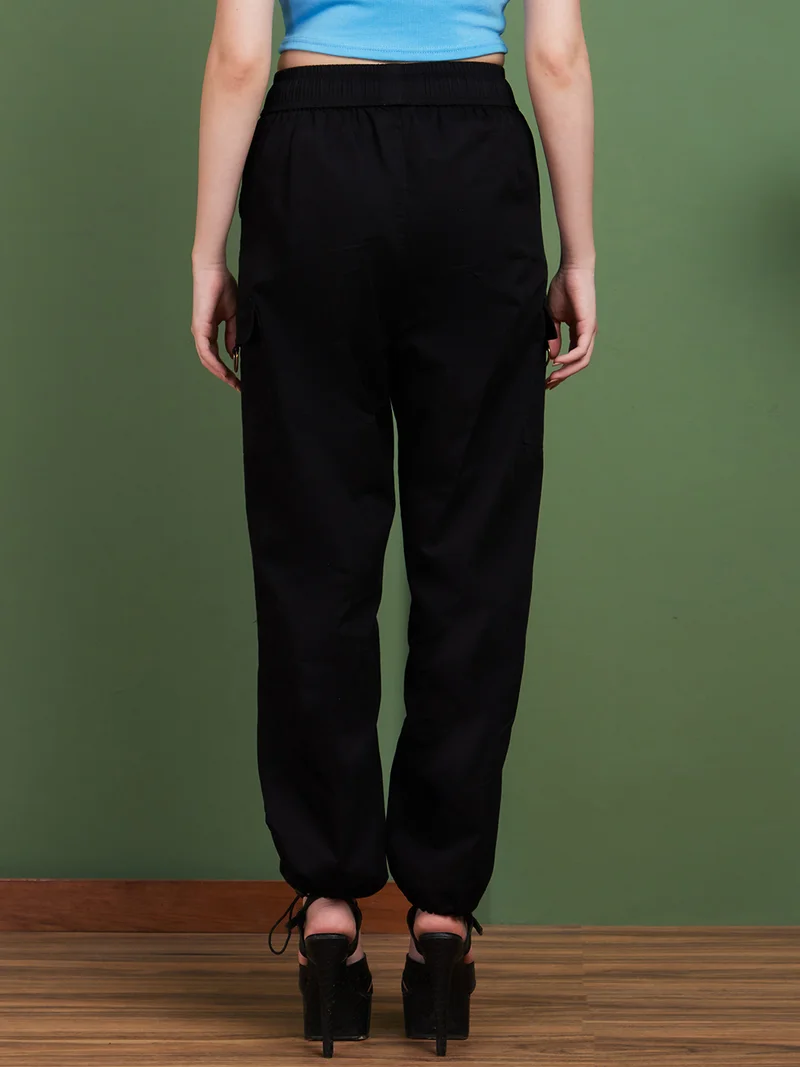 globus Women Black Smart Straight Fit Cotton Cargos Trousers