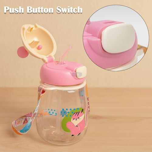 Koochie-Koo Water Bottle For School Kids 540ml – BPA-Free Leakproof Sipper Bottle with Straw Push Button Flip Lid Carry Strap Unbreakable Plastic Water Bottle for School Outdoor Travel Sports (Pink) - Image 4