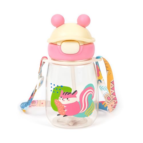 Koochie-Koo Water Bottle For School Kids 540ml – BPA-Free Leakproof Sipper Bottle with Straw Push Button Flip Lid Carry Strap Unbreakable Plastic Water Bottle for School Outdoor Travel Sports (Pink) - Image 1