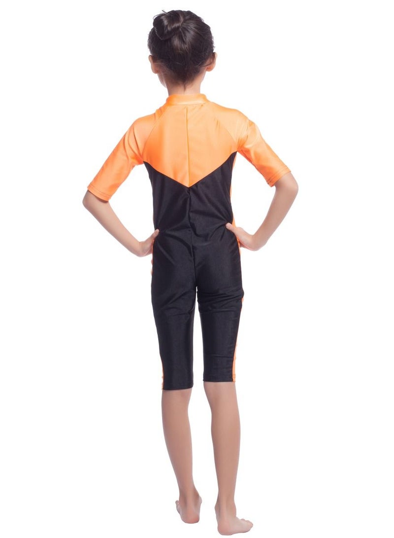 Loquat Girl's Jumpsuits  Swimwear Short Sleeve Chain Closure Burkini Swimsuit Black/Orange - Image 2