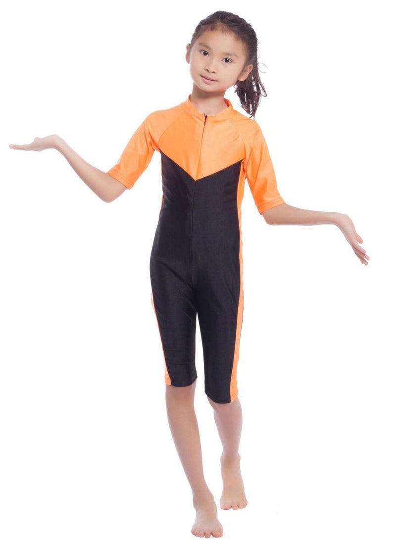 Loquat Girl's Jumpsuits  Swimwear Short Sleeve Chain Closure Burkini Swimsuit Black/Orange - Image 1