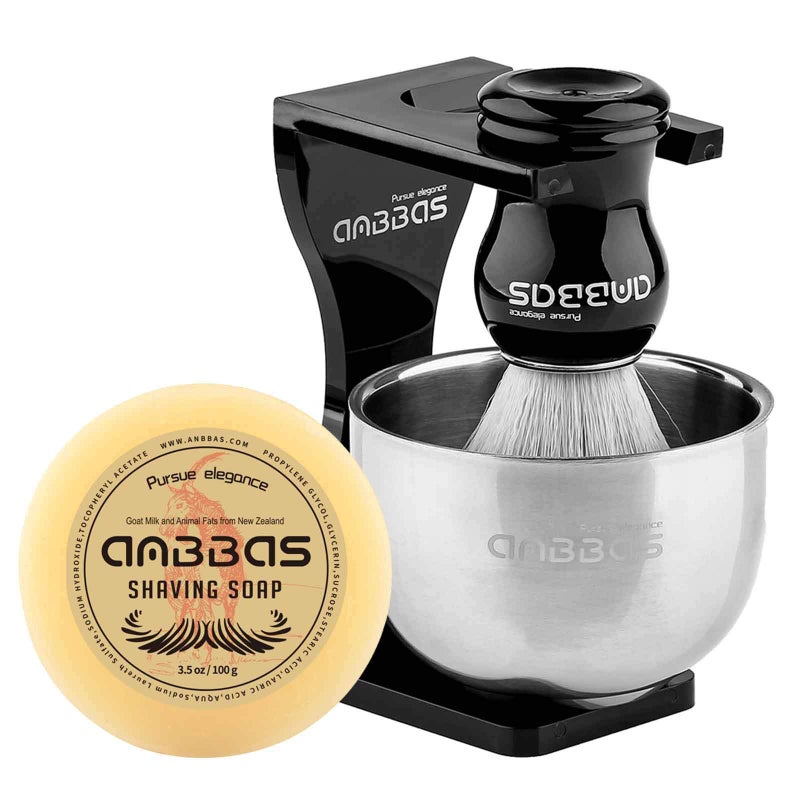 Anbbas Faux Badger Shaving Brush with 35 oz Goat Milk Shaving Soap and Bowl Stainless SteelBlack Acrylic Shaving Stand Holer for DE Razor Men Shave Kit