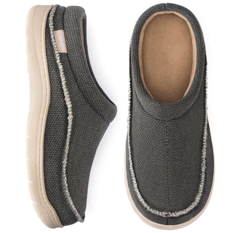 Zigzagger Men's Canvas Slip On Moccasin Slippers, Indoor/Outdoor Breathable Fuzzy Comfy House Shoes, Fluffy Wide Loafer Slippers(Grey 9-10) - Image 1