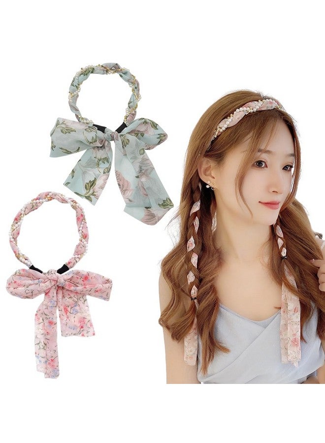 PALAY¬Æ 2Pcs Ribbon Hair Band for Women Hair Braid Pearl Floral Prints Headbands for Women Girls Long Ribbon Satin Fabric Bow Hairband for Girls Fashion Party Prom Head Band - Image 1