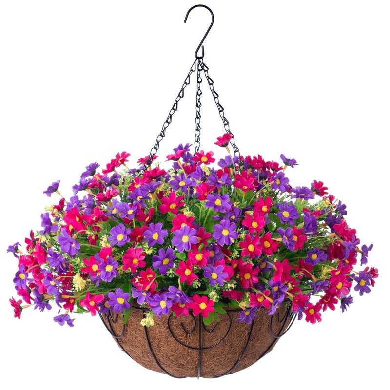 Ammyoo Artificial Hanging Flowers Basket for Patio Garden Porch Deck Spring Summer Decoration, Artificial Daisy Arrangement,Fake Plants in 12 inch Coconut Lining Basket for Outdoor/Indoor(Plum Purple) - Image 1