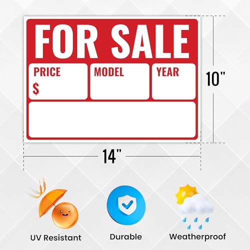 Venicor 2PC For Sale Sign Car, 14 Inches by 10 Inches - 20 mil Polystyrene Plastic - Car For Sale Signs For Vehicles Window Boat - Image 2