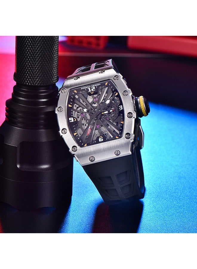 PAGANI DESIGN Men's Fashion Watch Japan VH65 Quartz Movement Stainless Steel Skeleton Tonneau Dial Rubber Strap Waterproof Luminous Sports Wristwatches - Image 4