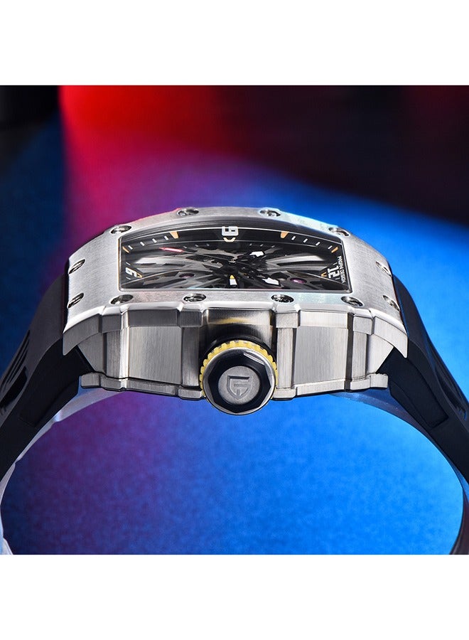PAGANI DESIGN Men's Fashion Watch Japan VH65 Quartz Movement Stainless Steel Skeleton Tonneau Dial Rubber Strap Waterproof Luminous Sports Wristwatches - Image 5