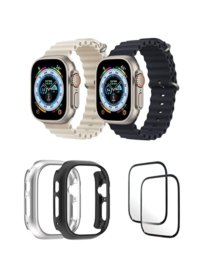 IAF Silicone Ocean Band Strap for Apple Watch Ultra 8 49mm Pearl White/Black , Case Compatible with Apple Watch Ultra 49mm Silver/Black , 2* pcs Watch glass Set of 6