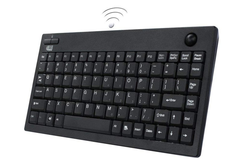 ADESSO WKB3100UB Wireless Mini Trackball Keyboard Compact 87Key Layout Builtin 800 DPI Optical Trackball 24GHz RF Wireless Technology USB Interface 30Foot Range