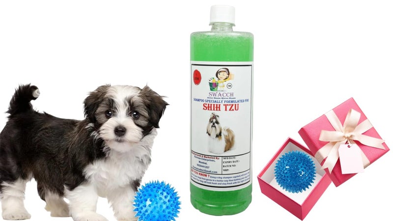 swacch Shampoo | Puppy Safe Shampoo | PH Balanced | Ditch to Itch for Shih Tzu Dog Shampoo 1 Litre (Neem Alovera) + Spike Ball Chew Toy Combo Pack - Image 1