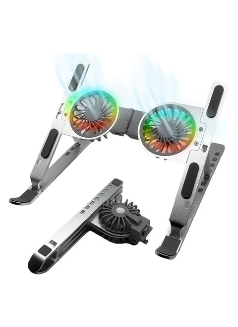 Laptop Stand with Cooling Pad & Fans – 7-Level Adjustable, Aluminum, Foldable & Portable, Fits 10-15.6” Laptops (Silver)