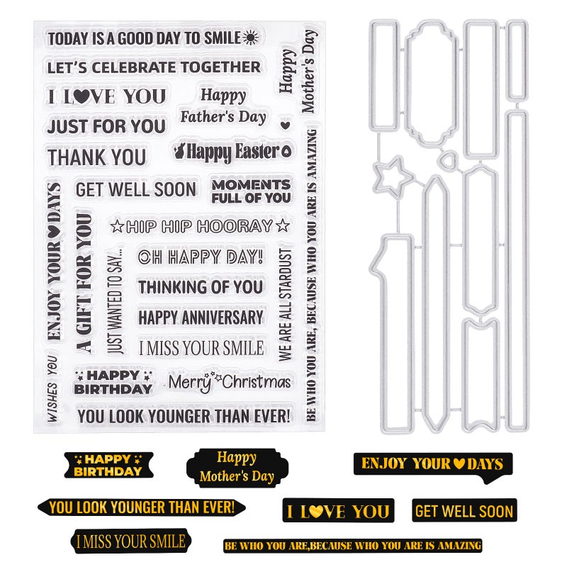 ORIGACH Sentiments Words Clear Stamps and Die Sets for DIY Scrapbooking Album Decorative Card Making