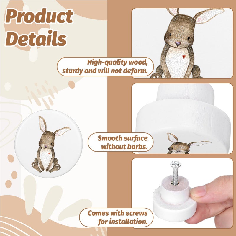 وولاين مجموعة مقابض خشبية من Whaline مكونة من 8 قطع بتصميم حيوانات، مع براغي، لون أبيض، مقابض أدراج بتصميم حيوانات الغابة، مقابض أثاث من الخشب الطبيعي، مناسبة لغرف الأطفال، مقابض أدراج، مقابض خزائن، ديكور - Image 3