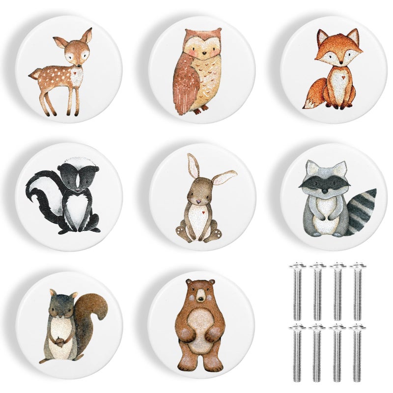 وولاين مجموعة مقابض خشبية من Whaline مكونة من 8 قطع بتصميم حيوانات، مع براغي، لون أبيض، مقابض أدراج بتصميم حيوانات الغابة، مقابض أثاث من الخشب الطبيعي، مناسبة لغرف الأطفال، مقابض أدراج، مقابض خزائن، ديكور - Image 1