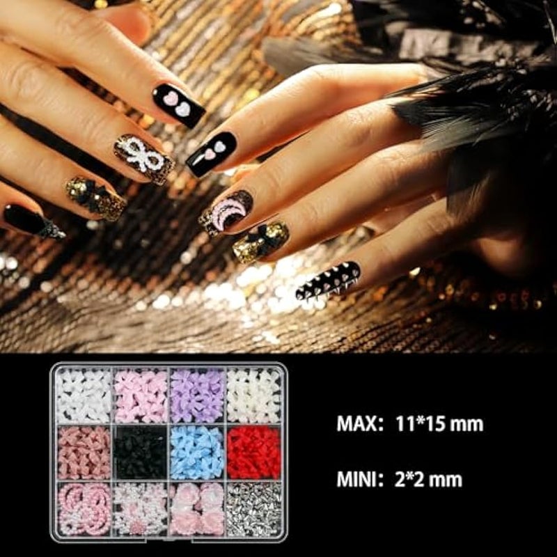Nail Art Studs Kit, 12 grids 8 Colors 3D Charms and Pink Mix White Star Heart Moon Cute Nail Jewels for DIY Decoration - Image 3