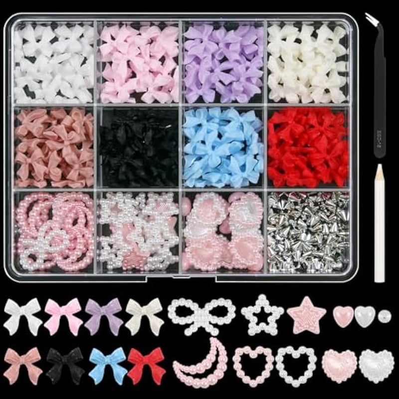 Nail Art Studs Kit, 12 grids 8 Colors 3D Charms and Pink Mix White Star Heart Moon Cute Nail Jewels for DIY Decoration - Image 1