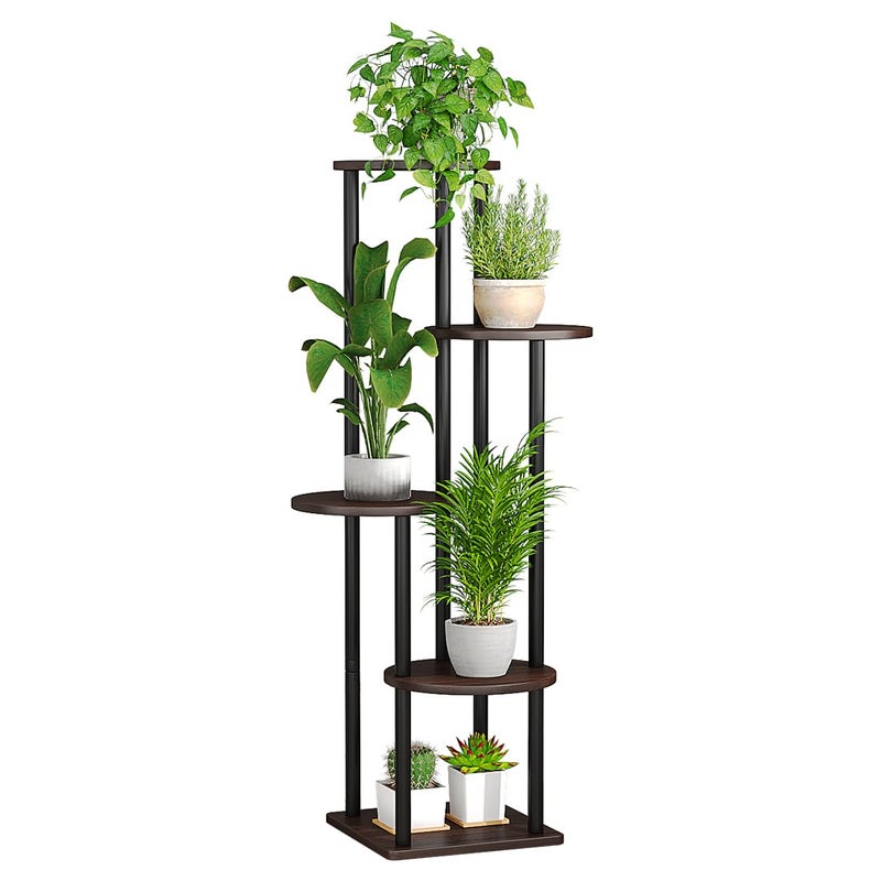 AZERPIAN Plant Stand Indoor 5 Tier Metal Plant Shelf for Multiple Plants Corner Tall Flower Holders for Living Room Balcony Bedroom Patio Garden (Black Oak, 5 Tier) - Image 1