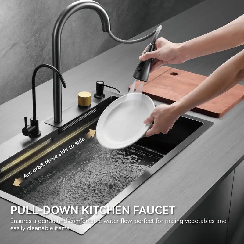 INKSPOT 304 Grade Stainless Steel Kitchen Sink with AntiScratch Design Integrated Waterfall and PullDown Faucet 762 x 457 x 229 cm with Cup Washer and Drain Baskets - Image 3