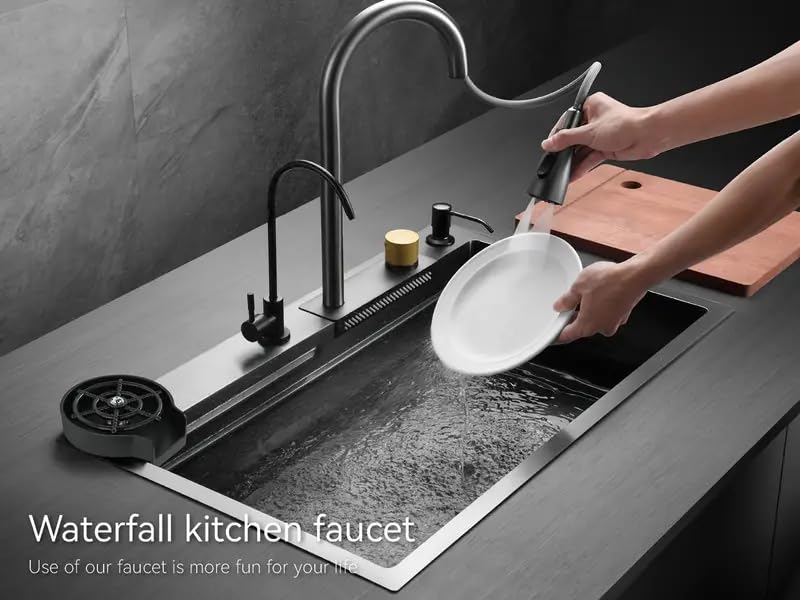 INKSPOT 304 Grade Stainless Steel Kitchen Sink with AntiScratch Design Integrated Waterfall and PullDown Faucet 762 x 457 x 229 cm with Cup Washer and Drain Baskets - Image 2