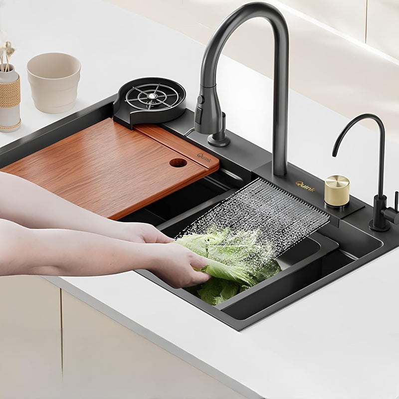 INKSPOT 304 Grade Stainless Steel Kitchen Sink with AntiScratch Design Integrated Waterfall and PullDown Faucet 762 x 457 x 229 cm with Cup Washer and Drain Baskets - Image 1