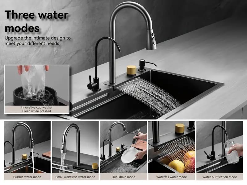 INKSPOT 304 Grade Stainless Steel Kitchen Sink with AntiScratch Design Integrated Waterfall and PullDown Faucet 762 x 457 x 229 cm with Cup Washer and Drain Baskets - Image 5