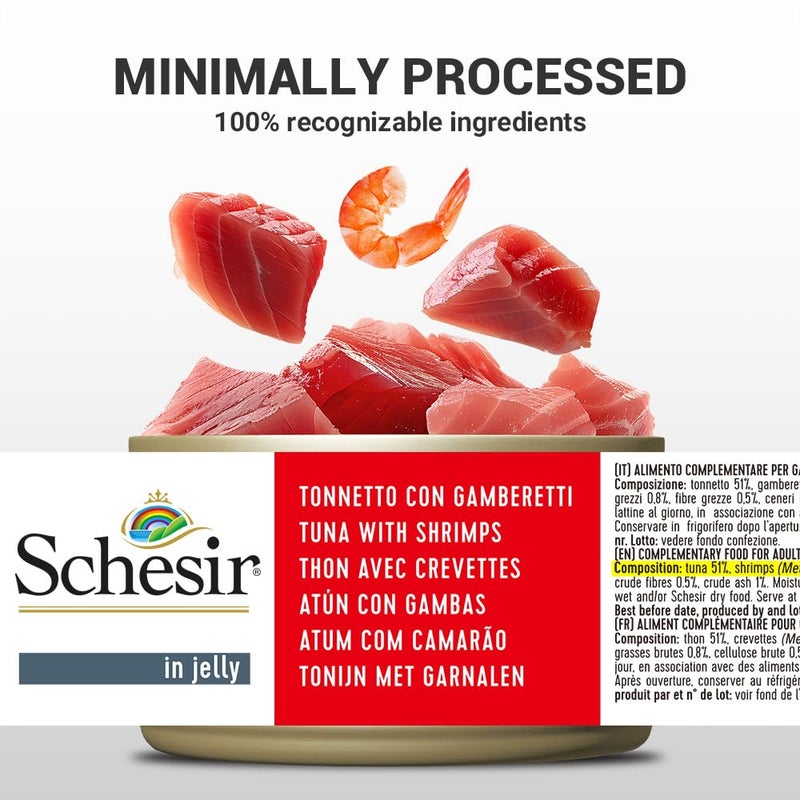 Schesir طعام رطب للقطط من شيسير بالتونة في هلام مع الروبيان - وجبة غنية بالبروتين مع تونة وروبيان حقيقي، يدعم الهضم الصحي، قط سعيد 85 جرام (عبوة من 30) - Image 5