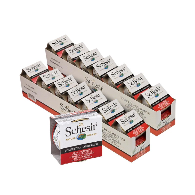 Schesir طعام رطب للقطط من شيسير بالتونة في هلام مع الروبيان - وجبة غنية بالبروتين مع تونة وروبيان حقيقي، يدعم الهضم الصحي، قط سعيد 85 جرام (عبوة من 30) - Image 1