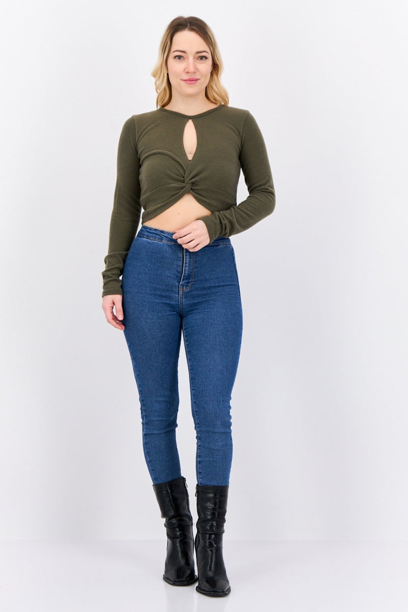 POOF Women Crew Neck Long Sleeves Plain Top, Dark Green - Image 4