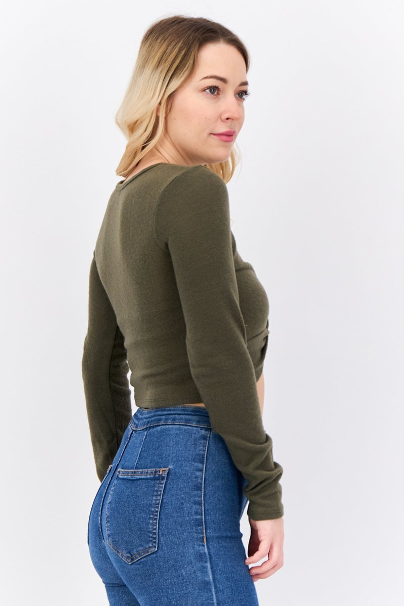 POOF Women Crew Neck Long Sleeves Plain Top, Dark Green - Image 4