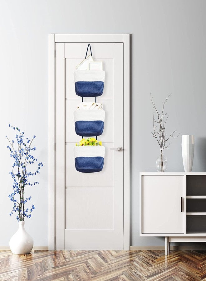 Gleckn Small Basket Cotton Rope Basket With Cat Ears Little Storage Baskets For Organizing Bins Organizer Wicker Nursery Room For Kids Baby Dog Toy Drawer Gifts 9.5"X8.5"X4" (Ivory+Blue, 3-Tier) - Image 4