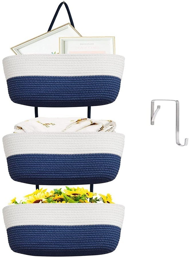 Gleckn Small Basket Cotton Rope Basket With Cat Ears Little Storage Baskets For Organizing Bins Organizer Wicker Nursery Room For Kids Baby Dog Toy Drawer Gifts 9.5"X8.5"X4" (Ivory+Blue, 3-Tier) - Image 1