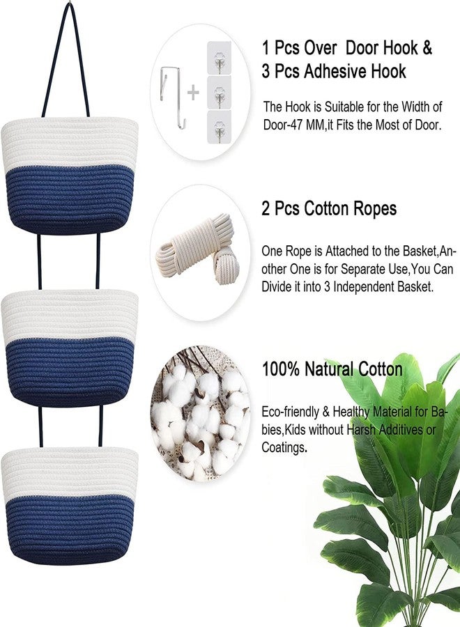 Gleckn Small Basket Cotton Rope Basket With Cat Ears Little Storage Baskets For Organizing Bins Organizer Wicker Nursery Room For Kids Baby Dog Toy Drawer Gifts 9.5"X8.5"X4" (Ivory+Blue, 3-Tier) - Image 2