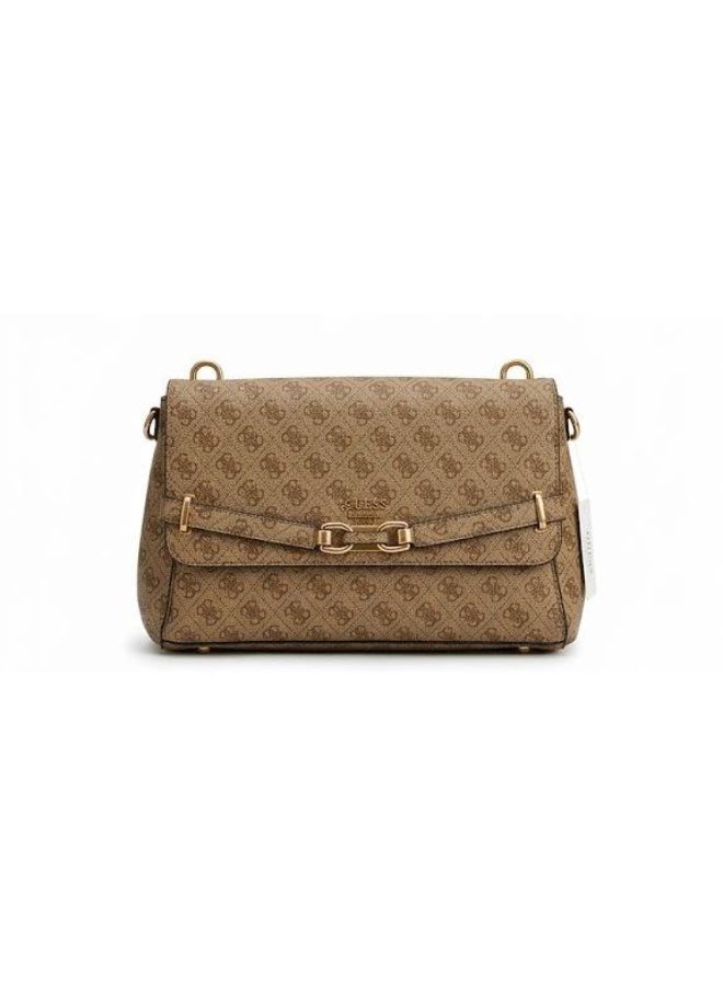 GUESS Women’s Monogram Saddle Crossbody Bag – Beige Elegant Flap Bag with Gold Hardware - Image 1