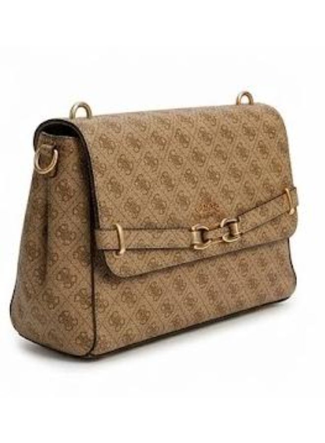 GUESS Women’s Monogram Saddle Crossbody Bag – Beige Elegant Flap Bag with Gold Hardware - Image 2