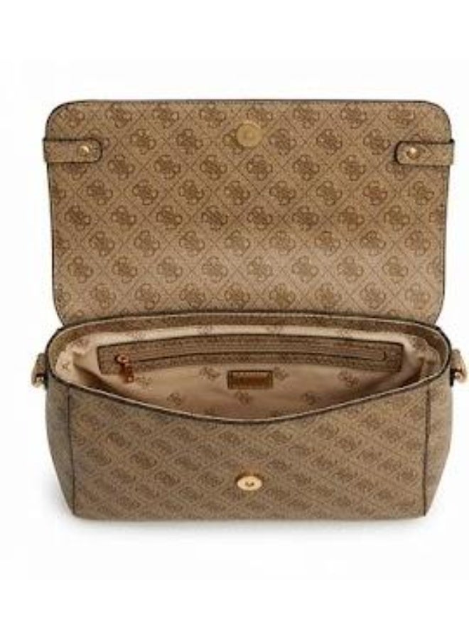 GUESS Women’s Monogram Saddle Crossbody Bag – Beige Elegant Flap Bag with Gold Hardware - Image 4