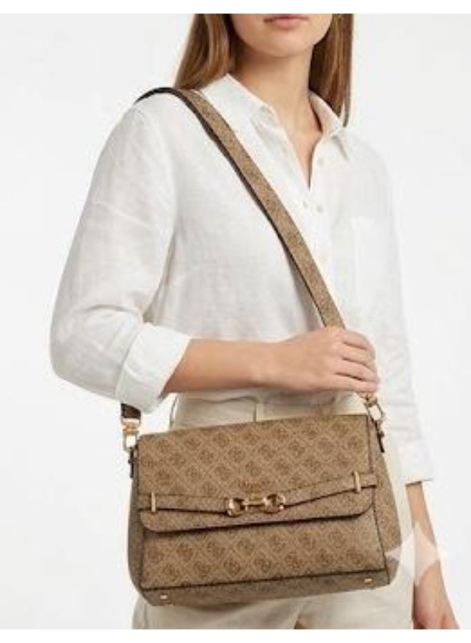 GUESS Women’s Monogram Saddle Crossbody Bag – Beige Elegant Flap Bag with Gold Hardware - Image 5
