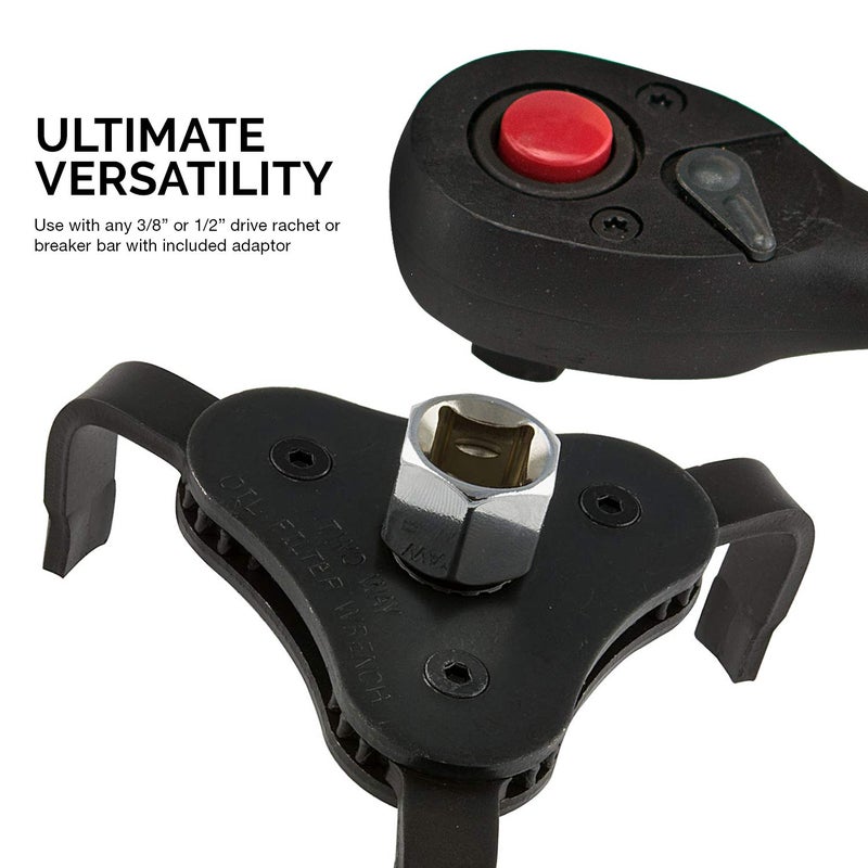 Neiko 03421A Two Way Universal Adjustable Oil Filter Wrench | 3-Jaw Design | 3/8" Square Drive Socket | Includes 1/2" Adaptor | Automotive Tool - Image 4
