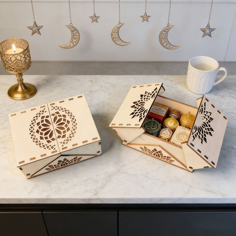 A Foldable Wooden Gift Box For Ramadan With Arabic Style Laser Cut Design Decorative Storage Box Suitable For Eid Weddings And Various Occasions Versatile Holiday Commemorative Gift Box Design B - Image 5