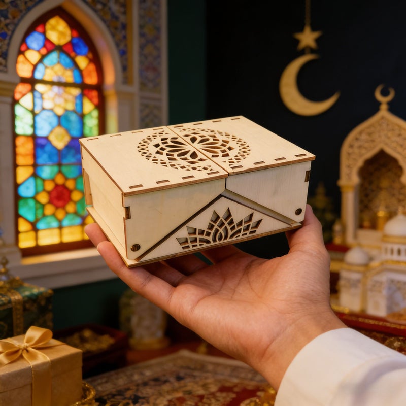 A Foldable Wooden Gift Box For Ramadan With Arabic Style Laser Cut Design Decorative Storage Box Suitable For Eid Weddings And Various Occasions Versatile Holiday Commemorative Gift Box Design B - Image 3