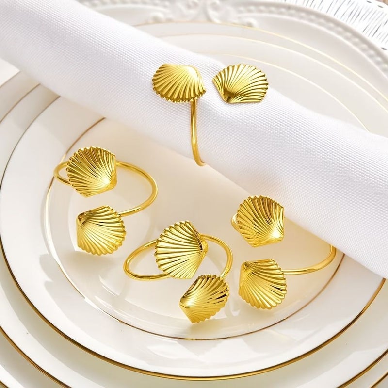4pcs Golden Small Seashell Metal Napkin Rings for Party Table Decor - Image 3