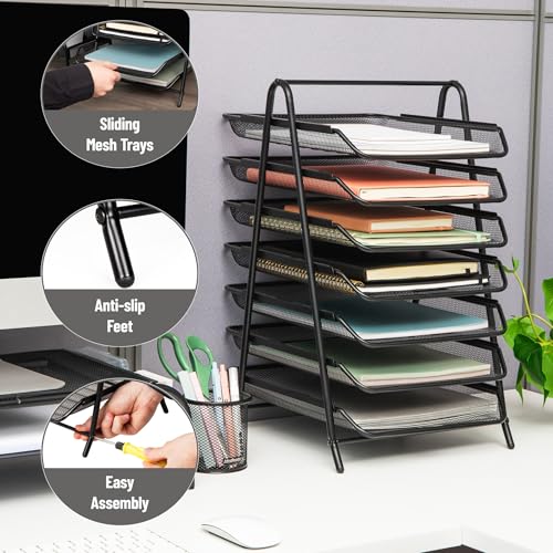 Mind Reader 7-Tier Paper Tray, Desktop Organizer, File Storage, Office, Metal Mesh, Black - Image 4