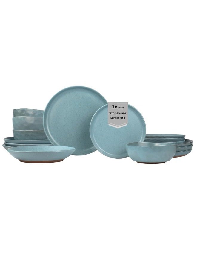 Sango Kaya 16-Piece Casual Blue Stone Dinnerware Set – Service for 4, Plate & Bowl Set, Featuring Rustic Blue Speckled Design, for Everyday Dining & Entertainment, Microwave & Dishwasher Safe - Image 1