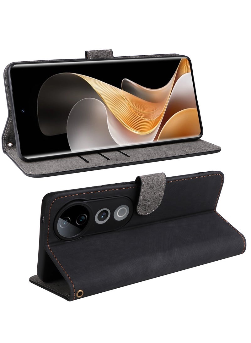For ViVO V40 / ViVO V40 Pro Cover with Hand Strap, PU Leather Full Body Protection Shockproof Flip Mobile Cover, RFID Anti-theft Brush Folio Wallet Case - Image 2