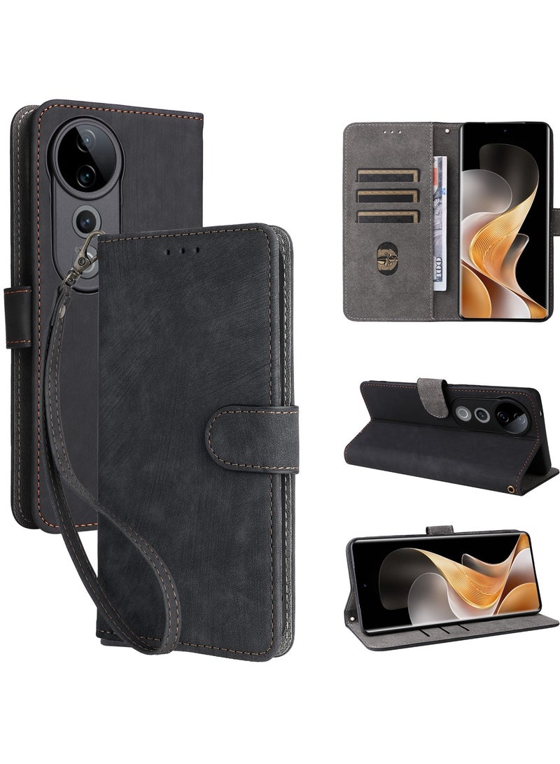 For ViVO V40 / ViVO V40 Pro Cover with Hand Strap, PU Leather Full Body Protection Shockproof Flip Mobile Cover, RFID Anti-theft Brush Folio Wallet Case - Image 1