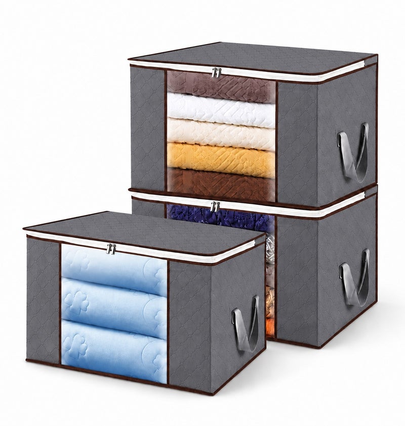 O2. Pack of 3 Dark Grey Large Capacity Duvet Storage Bags, Foldable Non-Woven Fabric Bedding Organizers with Clear Viewing Windows for Comforters, Blankets, Quilts, Pillows and Seasonal Clothes, Closet and Wardrobe Storage Set - Image 1