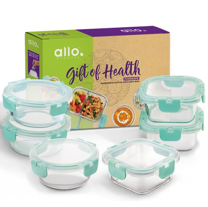 Allo Allo Foodsafe Gift Box Combo 6 PC (Set of 3 Square 310ml, Set of 3 Round 390ml) | Microwave 450°C Oven Safe Bakeware Glass Container with Break Free Detachable Locks |  - Image 1