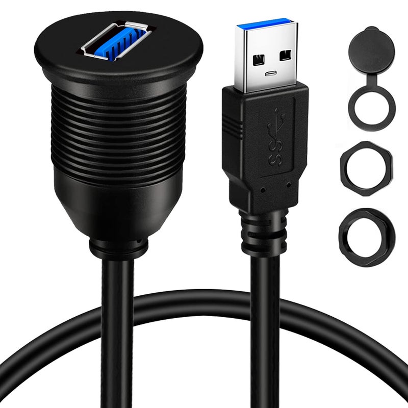BATIGE Single Port USB 3.0 Male to Female AUX Car Mount Flush Cable Waterproof Extension for Car Truck Boat Motorcycle Dashboard Panel 1ft - Image 1