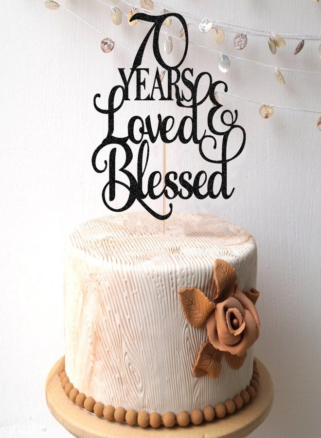 AHAORAY 70 Years Loved Cake Topper - Black Glitter 70th Birthday Cake Decorating Supplies, Perfect for 70th Anniversary or Birthday Photo Booth Props - Image 2